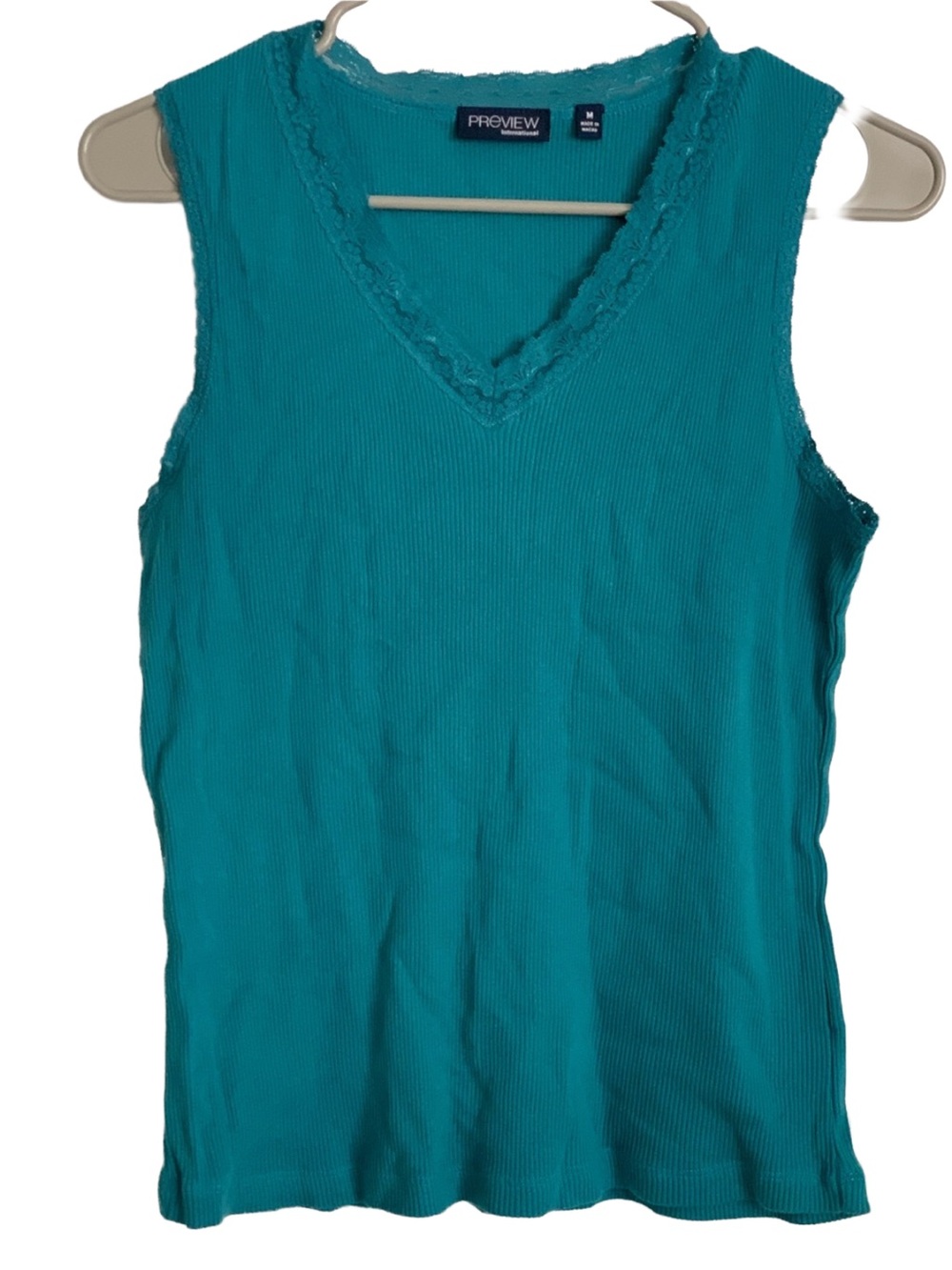 PREVIEW Women’s Teal Green Blue Ribbed Sleeveless Lace V-neck Cotton Tank Top